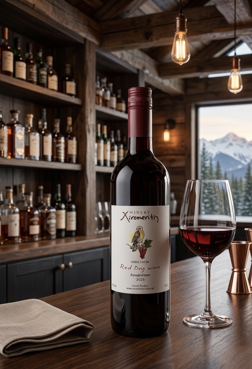 Ερυθρό κρασί Αγιωργίτικο του Οινοποιείου Ξηρομερίτη σε ξύλινο πάγκο μπαρ