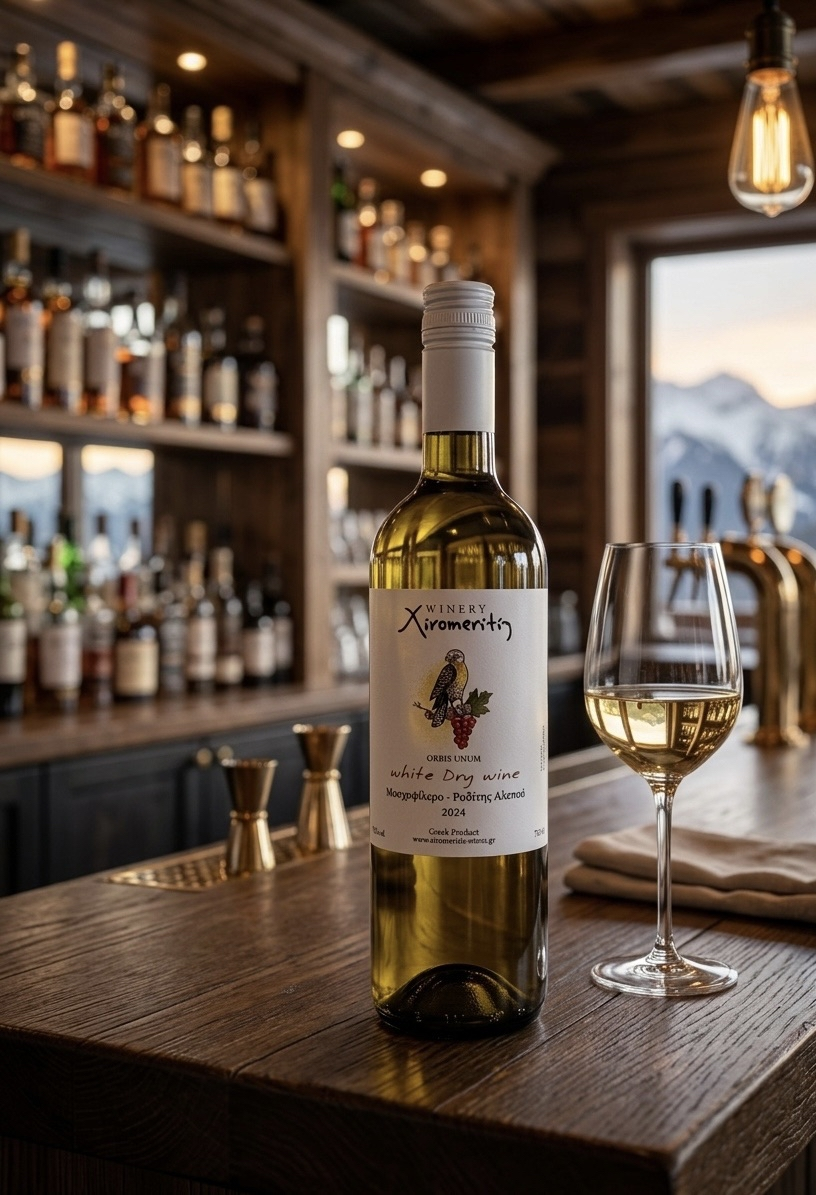 Λευκό κρασί Μοσχοφίλερο Ροδίτης Ασύρτικο του Οινοποιείου Ξηρομερίτη σε vintage bar